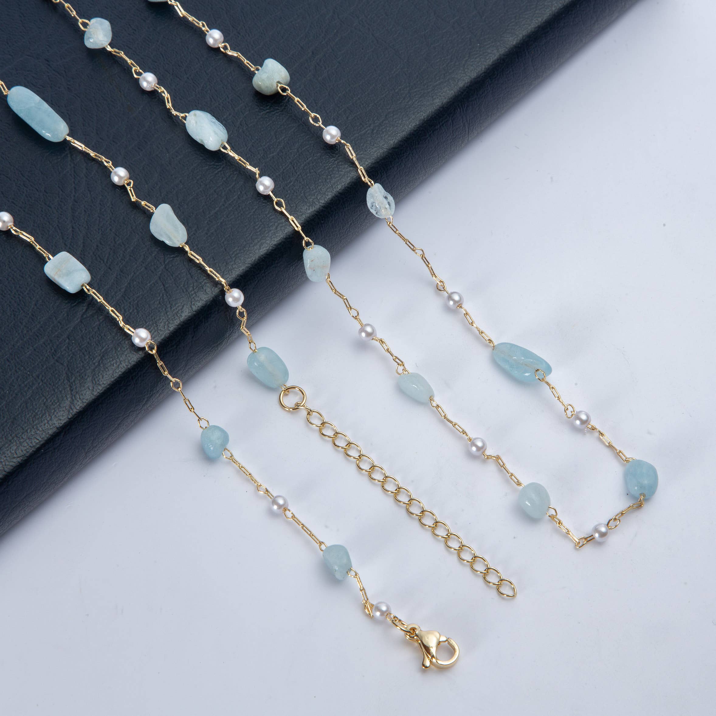 Natural Stone Pearl Chain Necklace N4377-78CM-Aquamarine