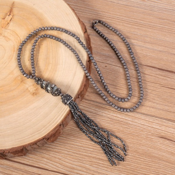 Beaded Tassel Hematite Stone Necklace