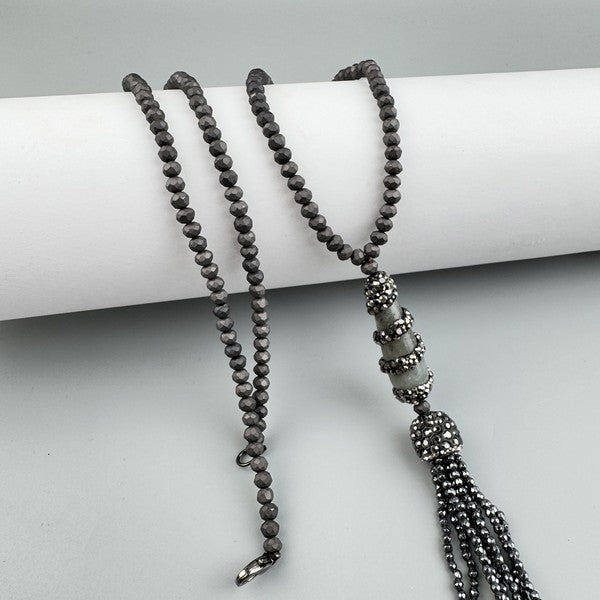 Beaded Tassel Hematite Stone Necklace
