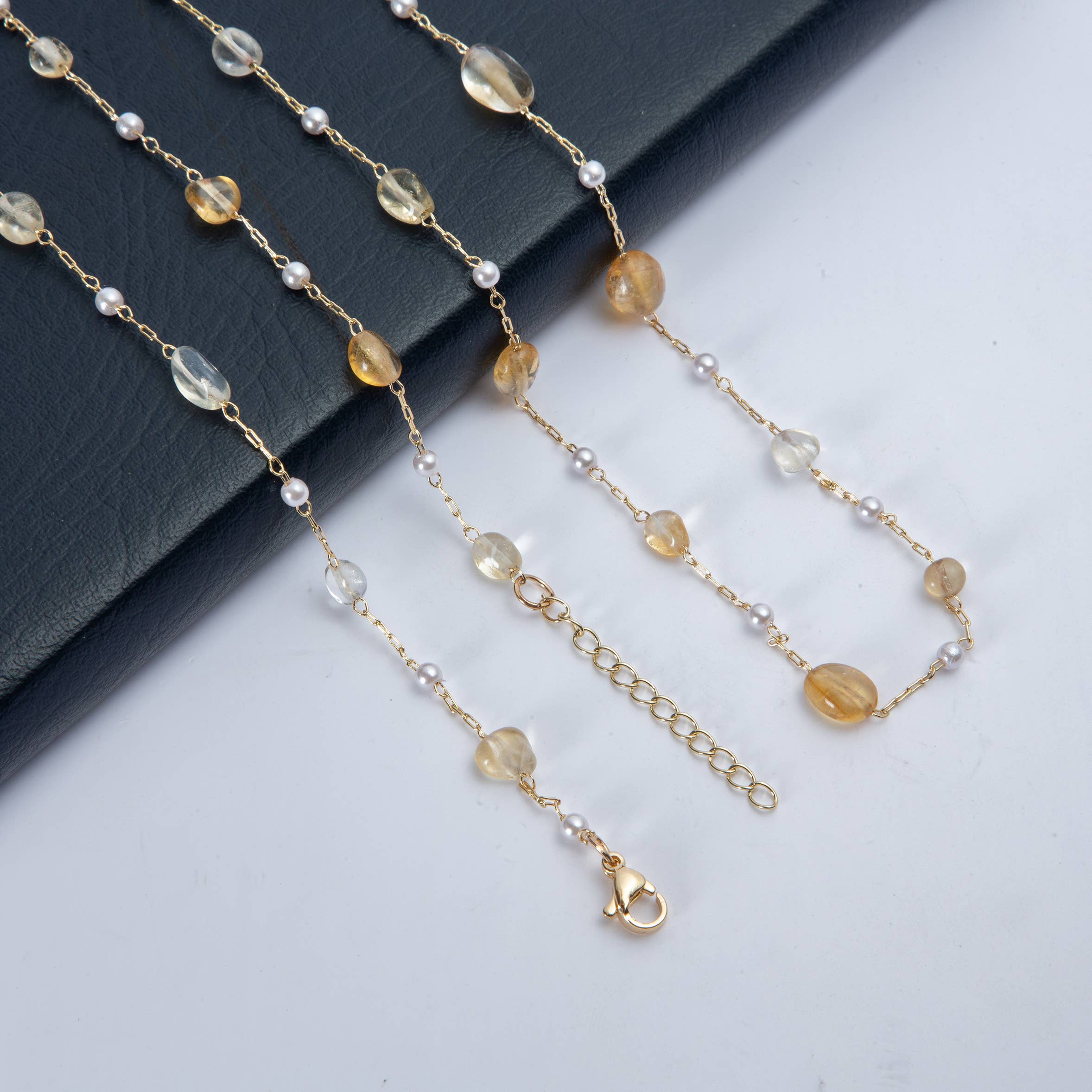 Natural Stone Pearl Chain Necklace N4377-78CM-Yellow Quartz