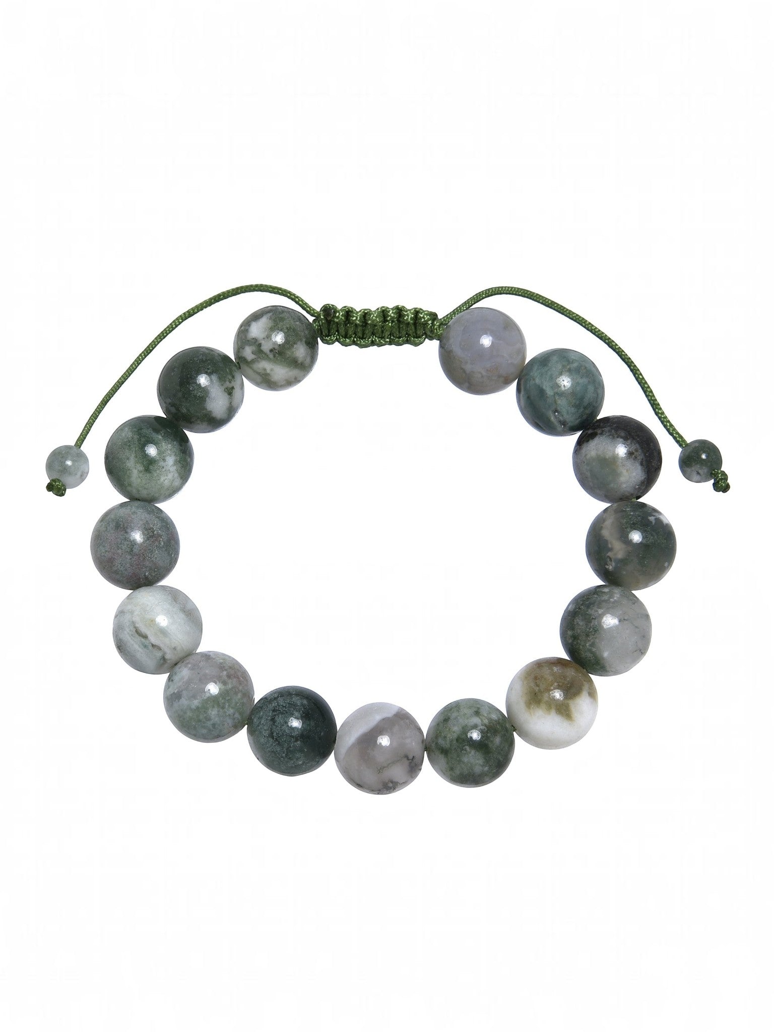 A braided bracelet featuring round beads made of tree line agate stone, with a green adjustable cord.