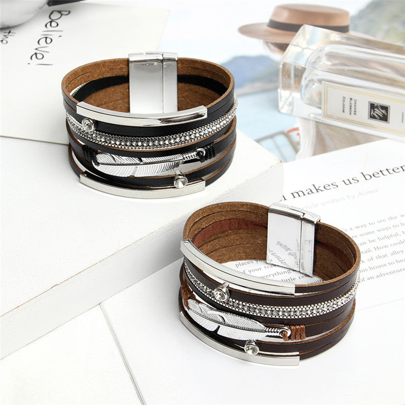 Feather Multilayer Leather Magnetic Bracelet B4189