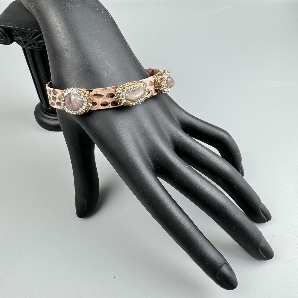 Handmade Natural Stone Rhinestone Leather Cuff Bracelet B4226