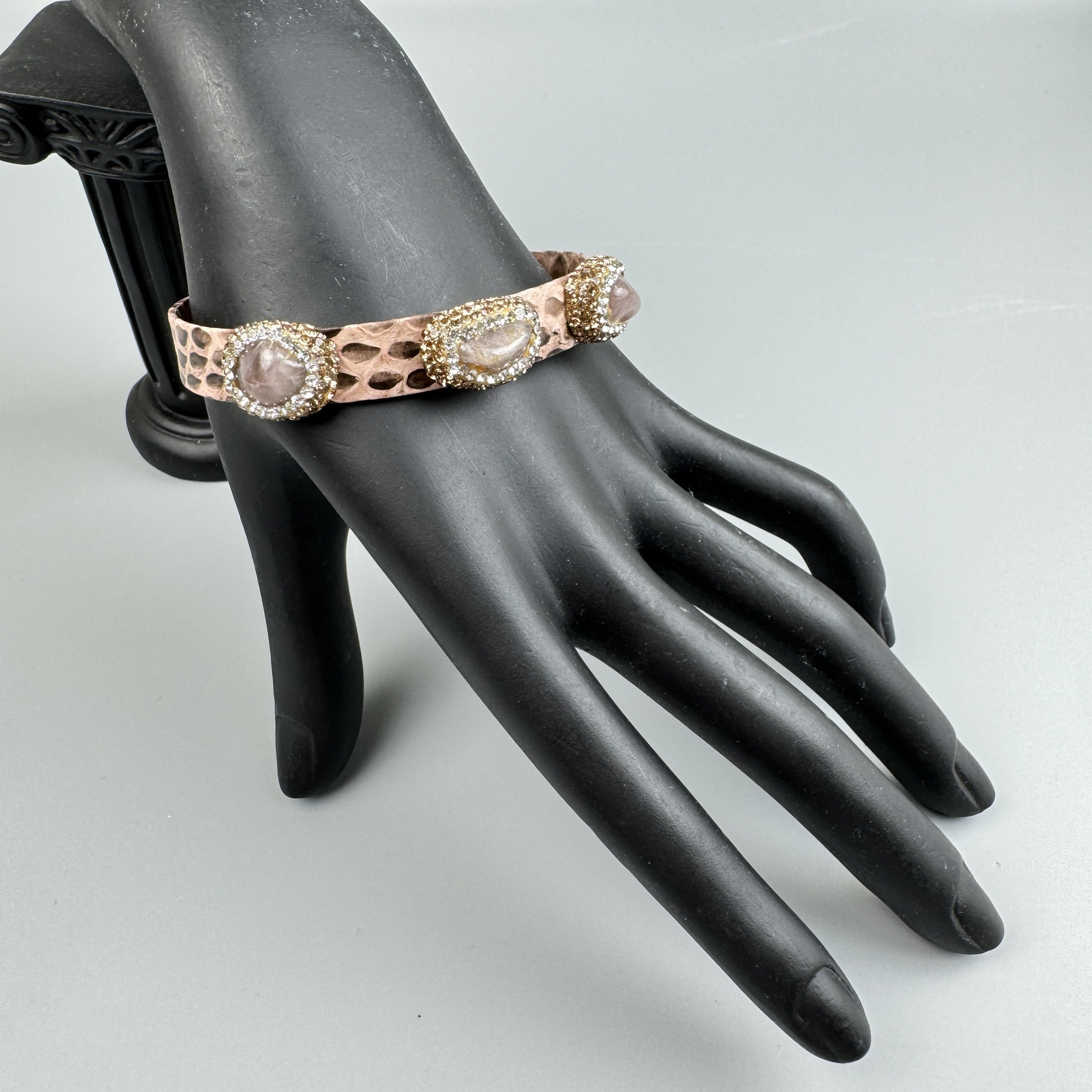 Handmade Natural Stone Rhinestone Leather Cuff Bracelet B4226