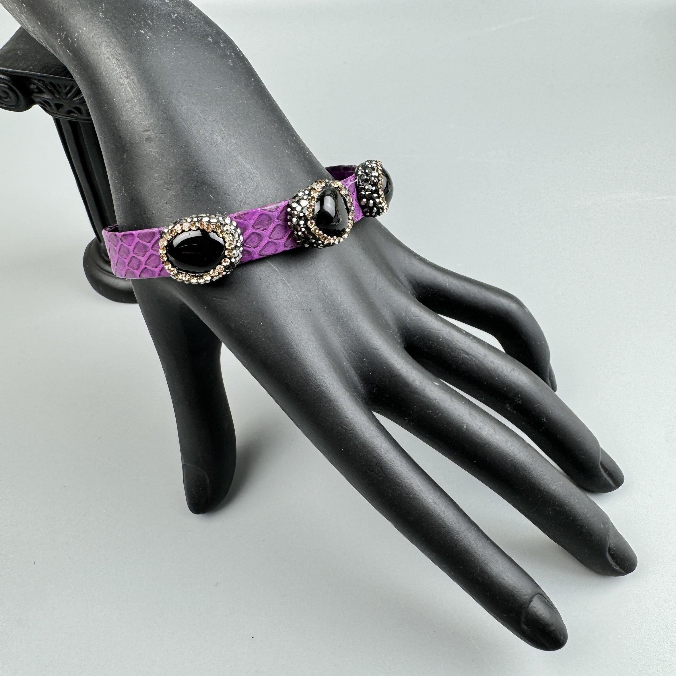 Handmade Natural Stone Rhinestone Leather Cuff Bracelet B4226
