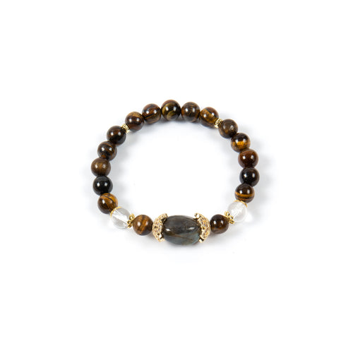 18K Gold-Plated Mixed-Stone Cubic Zirconia Stretch Bracelet B4323 - Tiger Eye