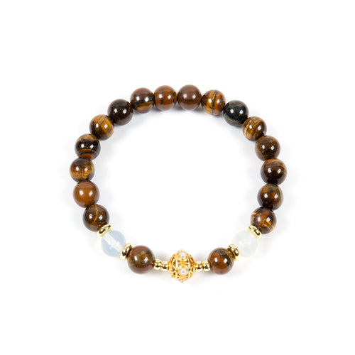 18K Gold-Plated Mixed-Stone Stretch Bracelet B4324 - Tiger Eye