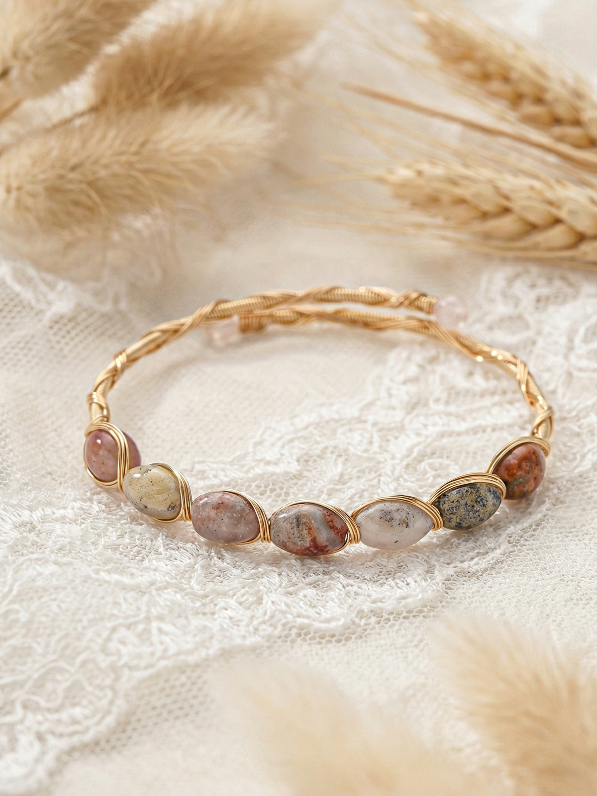 Bohemian Natural Stone Handmade Bracelet B4337 - Crazy Lace Agate