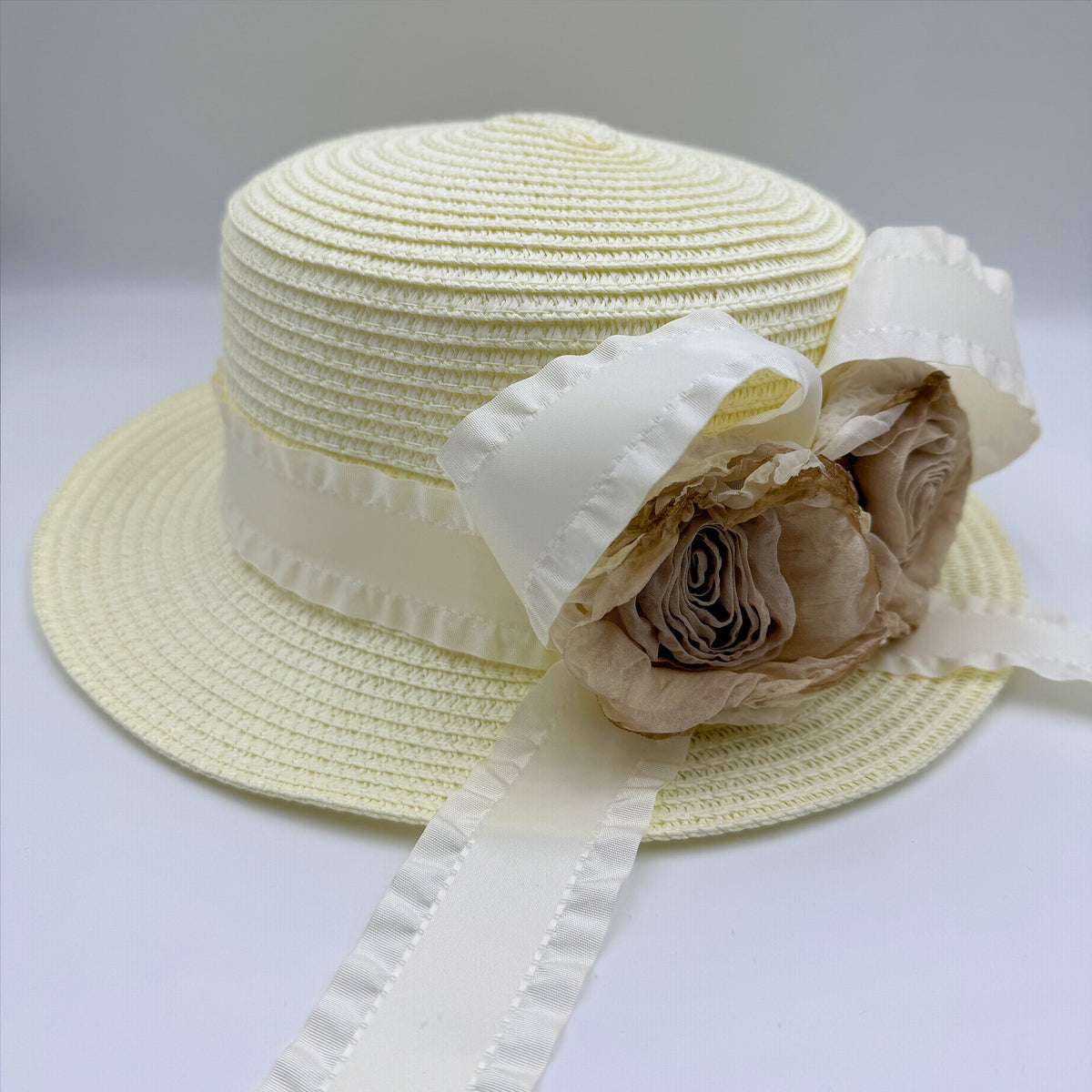 Rose Bow Fabric Straw Fedoras Hat C0794