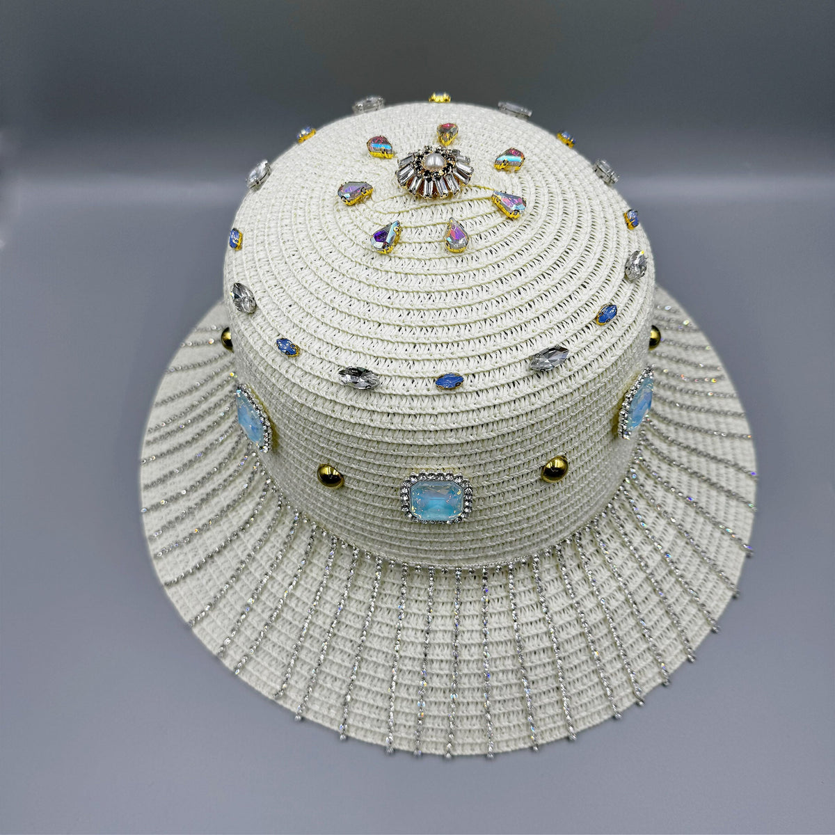 Geometry Rhinestone Straw Fedora Hat C0800