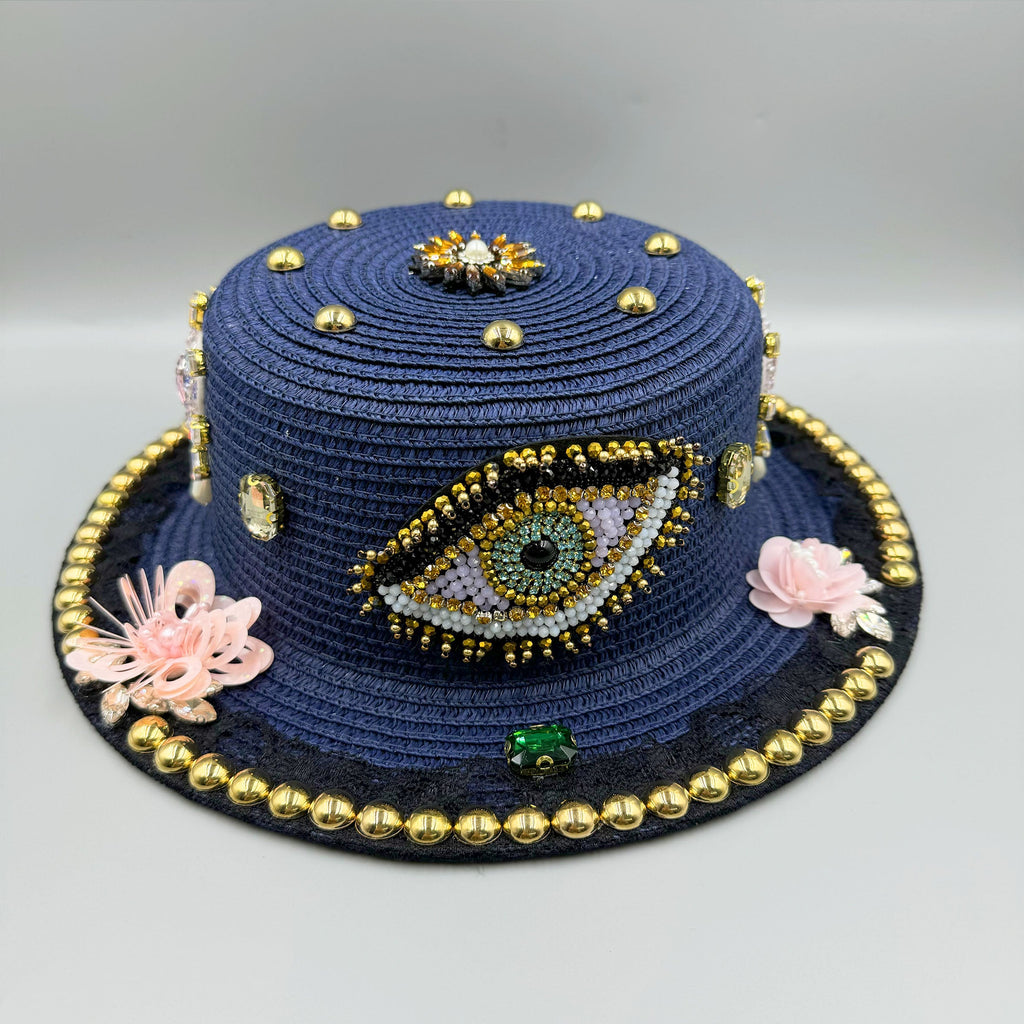 Handmade Floral Evil Eye Rhinestone Fedoras Hat C0808