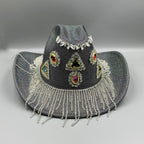Geometric Rhinestone Tassel Fedora Hat C0809