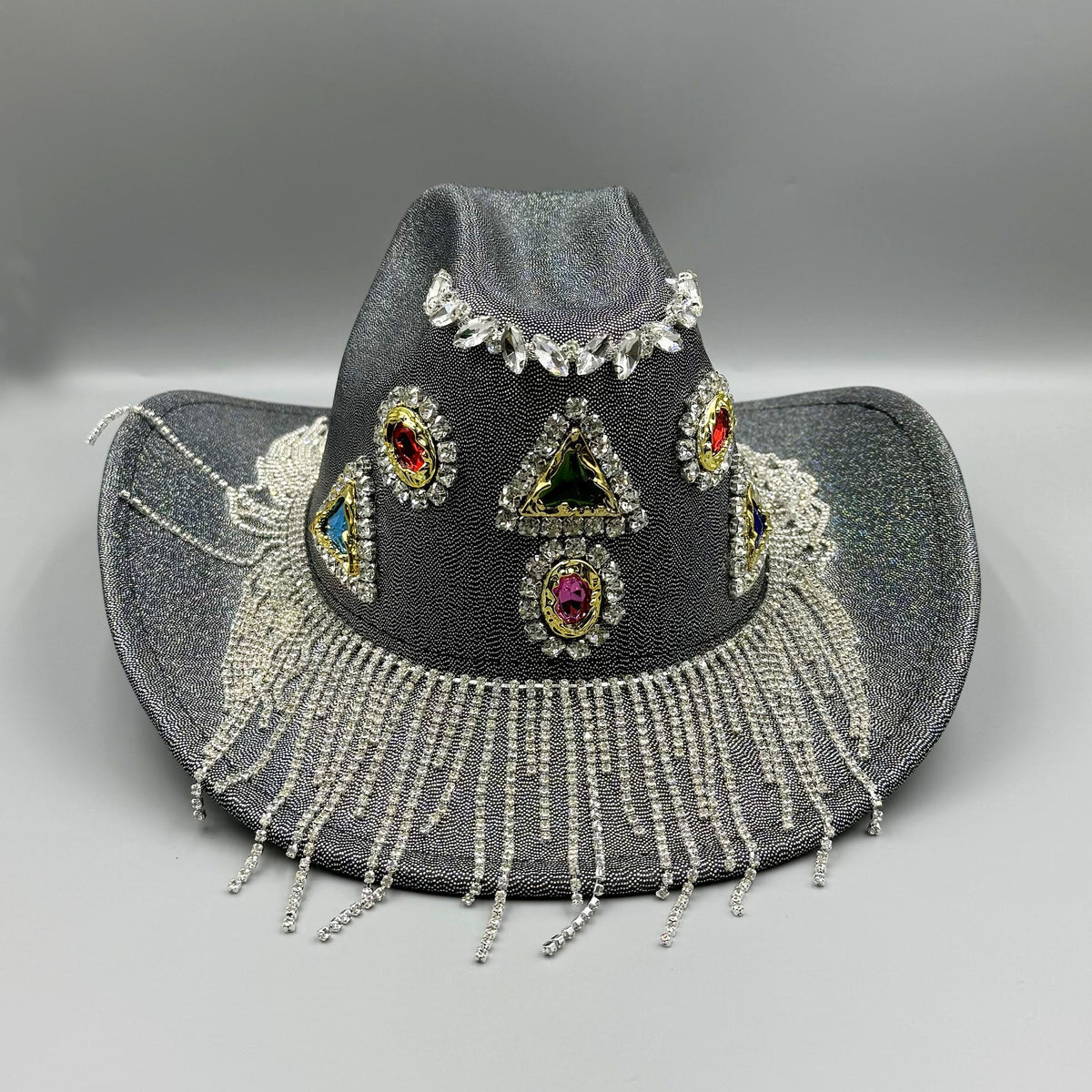 Geometric Rhinestone Tassel Fedora Hat C0809