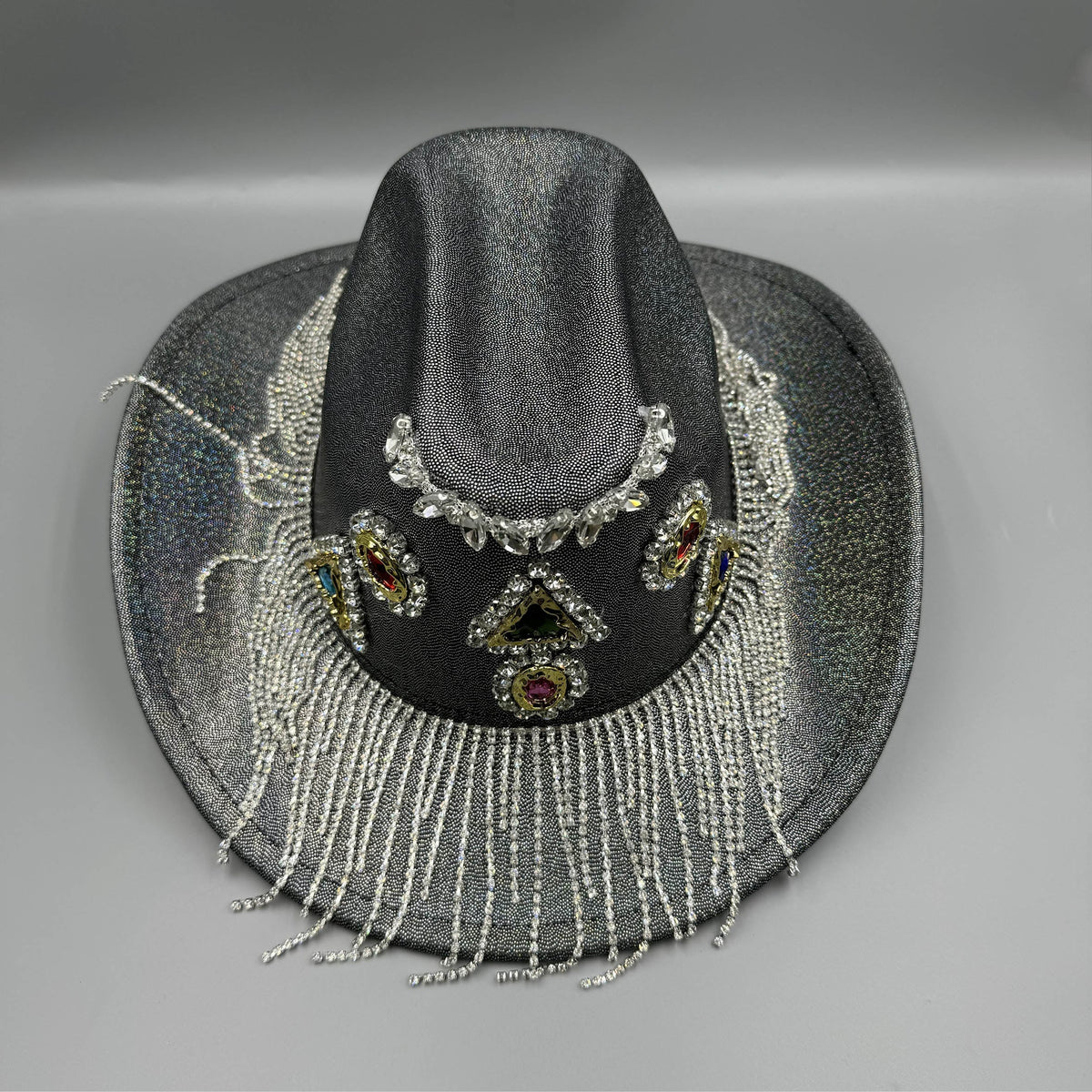 Geometric Rhinestone Tassel Fedora Hat C0809
