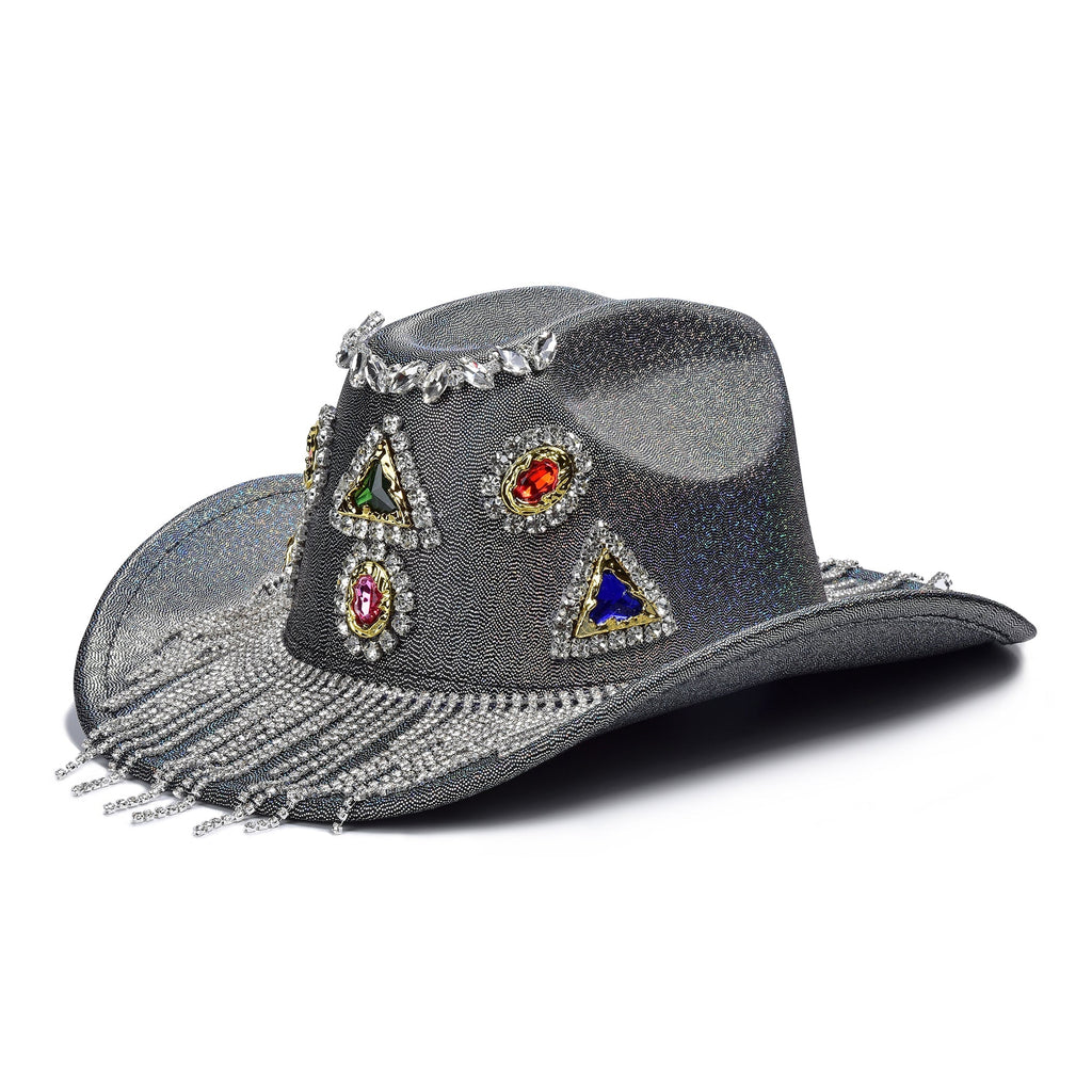 Geometric Rhinestone Tassel Fedora Hat C0809