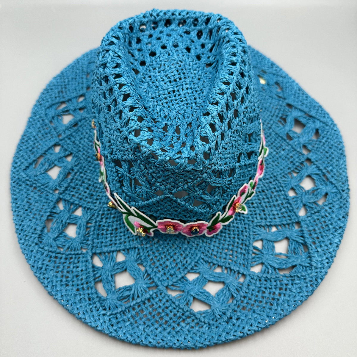 Embroidered Floral Hollow Straw Western Cowboy Hat C0824