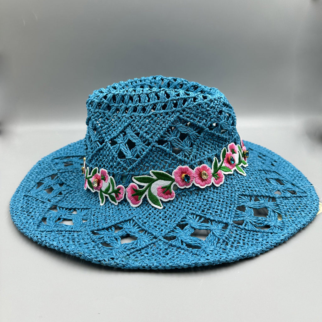 Embroidered Floral Hollow Straw Western Cowboy Hat C0824