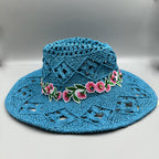 Embroidered Floral Hollow Straw Western Cowboy Hat C0824