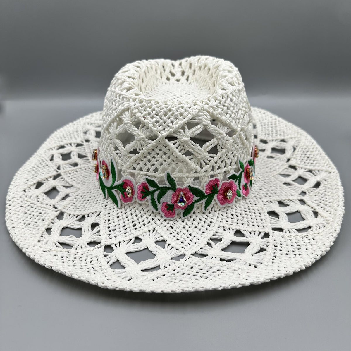 Embroidered Floral Hollow Straw Western Cowboy Hat C0824