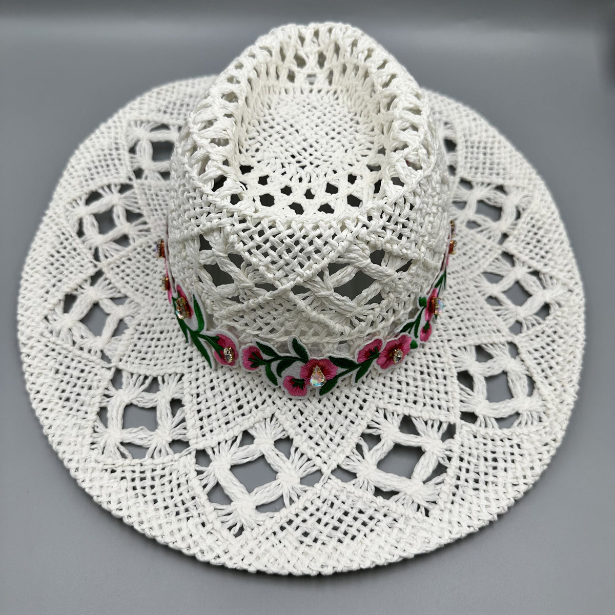 Embroidered Floral Hollow Straw Western Cowboy Hat C0824