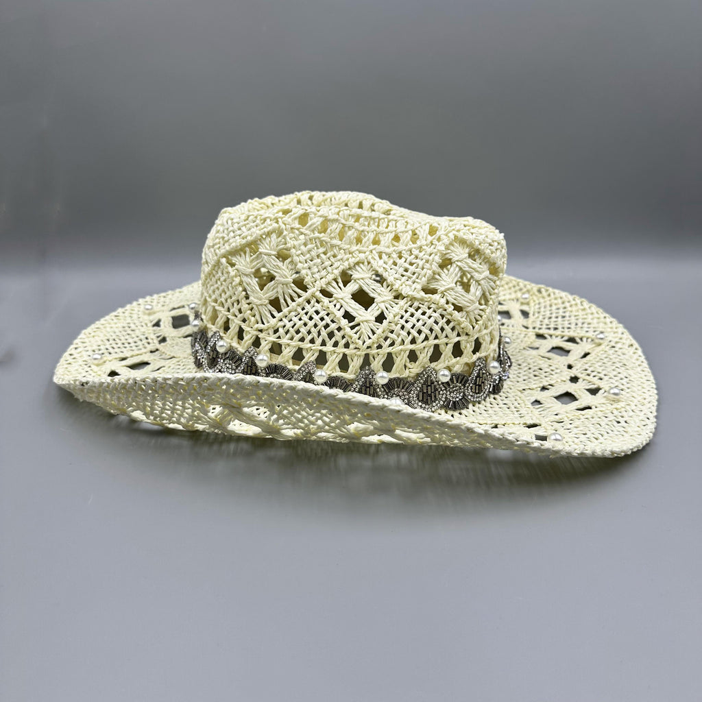 Hollow Beaded Pearl Straw  Western Cowboy Hat C0834