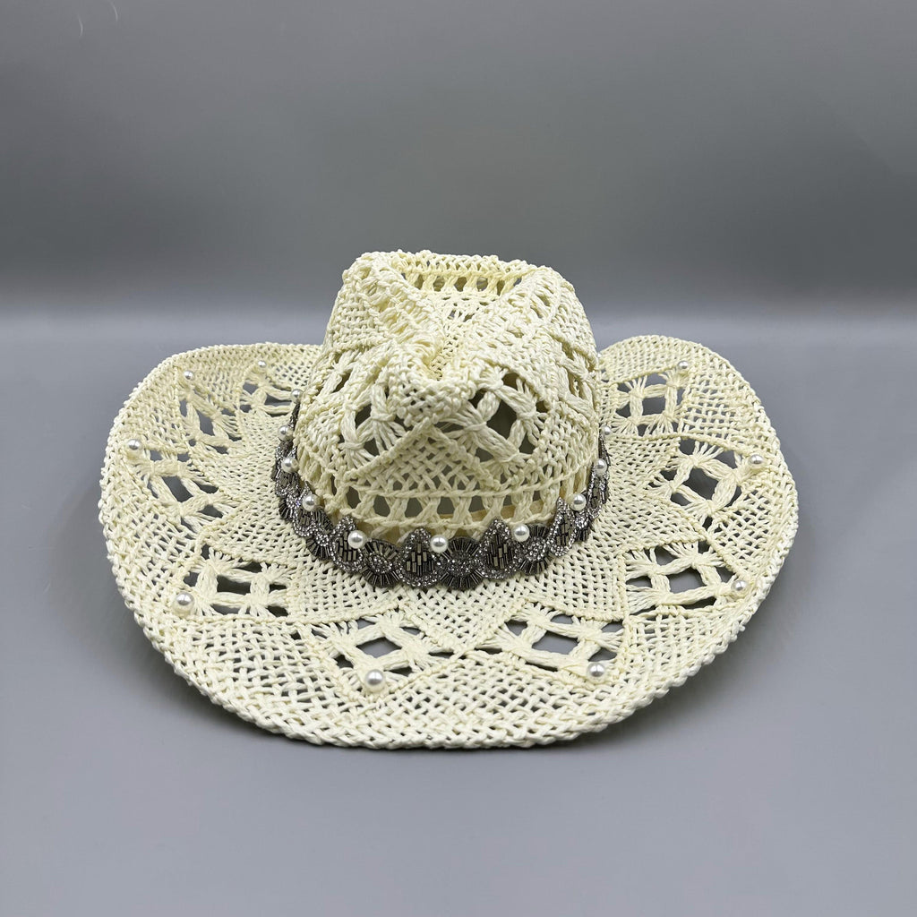 Hollow Beaded Pearl Straw  Western Cowboy Hat C0834