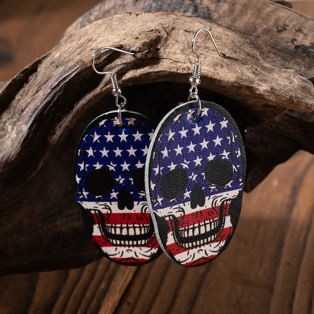 American Flag Skull Leather Earrings E4946