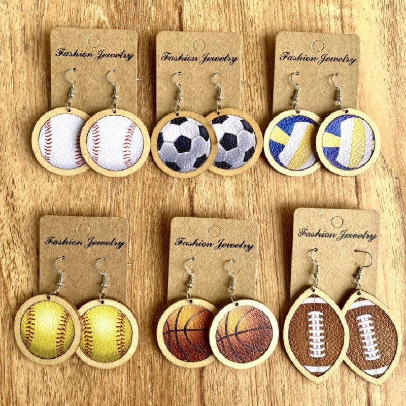 Basketball Leather Wooden Earrings E5184