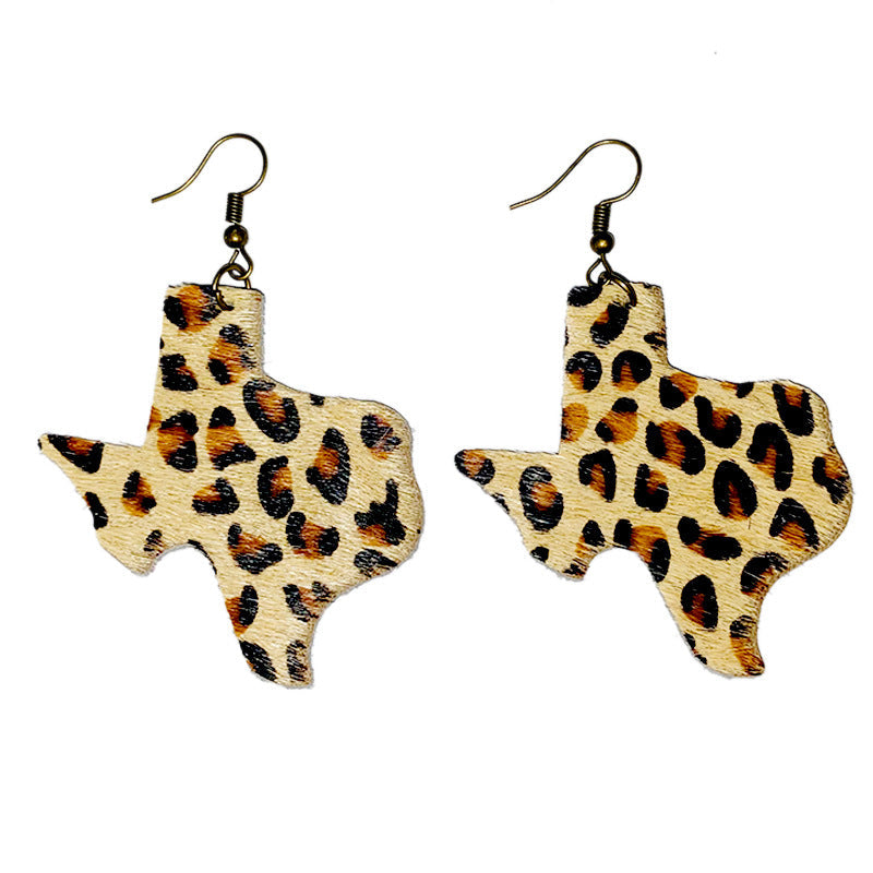 Texas Map Animal Printed Leather Earrings E5185