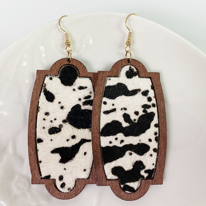 Geometry Cow Pattern Leather Wooden Earrings E5188