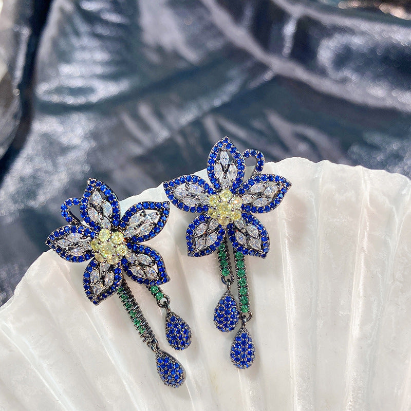 Flower Tassel Cubic Zirconia Earrings E6772