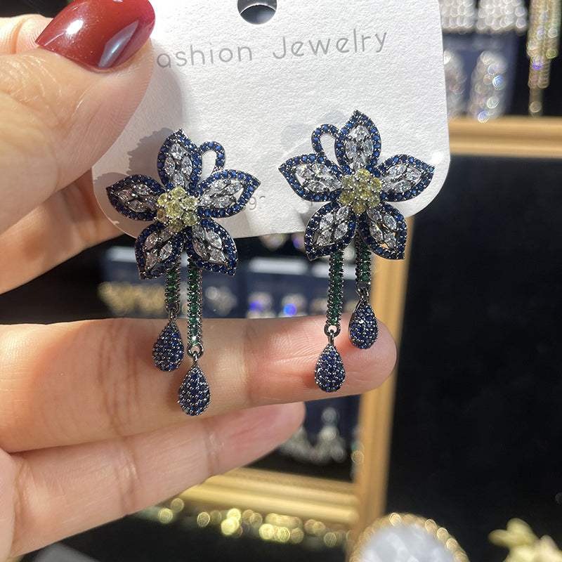 Flower Tassel Cubic Zirconia Earrings E6772