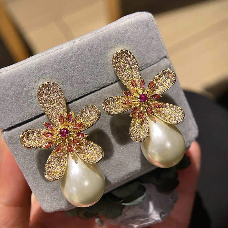 Flower Pearl Cubic Zirconia Earrings E6775