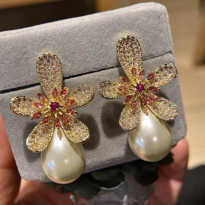 Flower Pearl Cubic Zirconia Earrings E6775