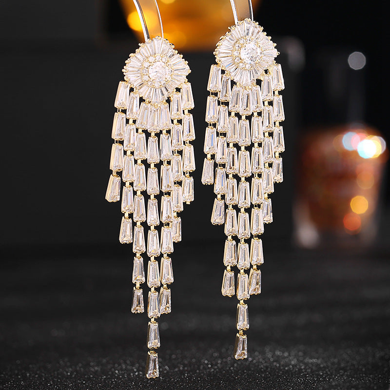 Floral Tassel Cubic Zirconia Earrings E7206