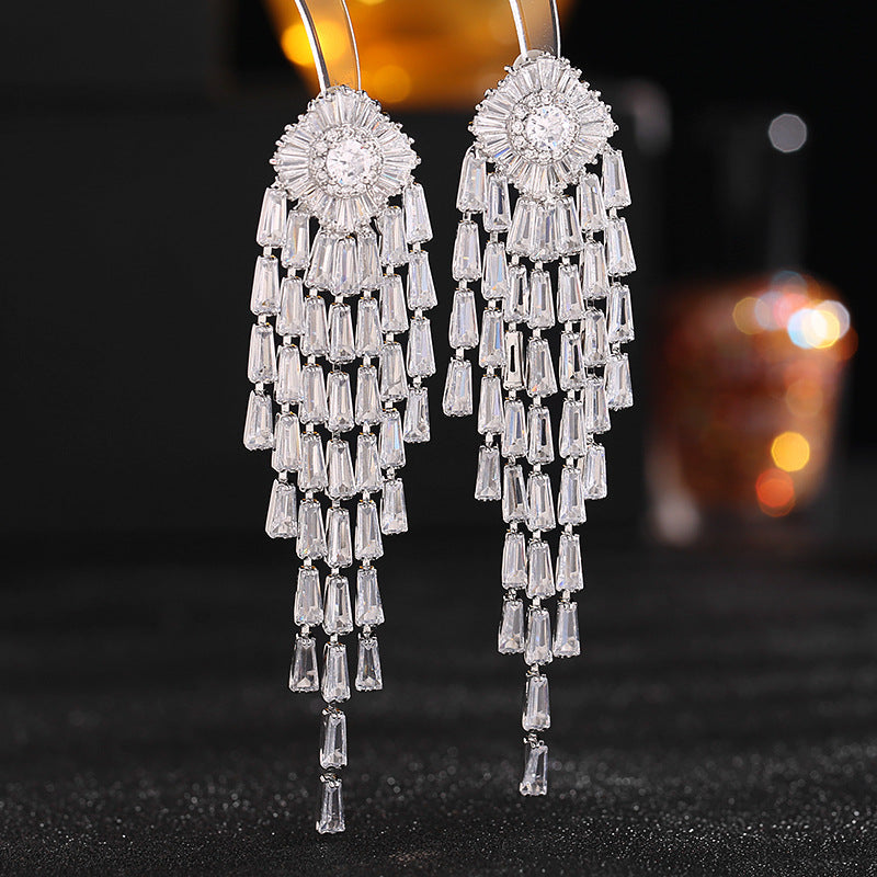Floral Tassel Cubic Zirconia Earrings E7206