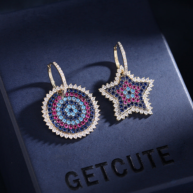 Star Disc Cubic Zirconia Asymmetric Hoop Earrings E7324