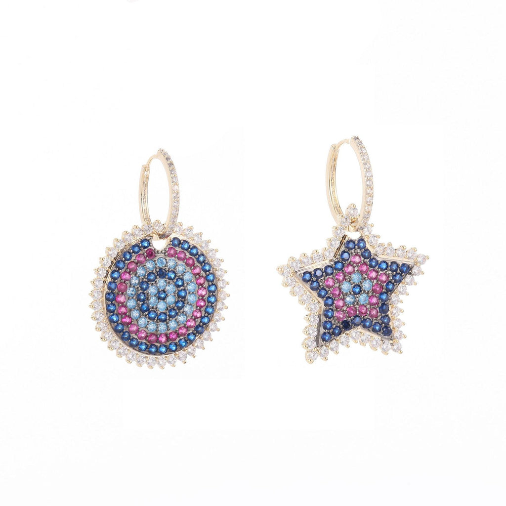 Star Disc Cubic Zirconia Asymmetric Hoop Earrings E7324