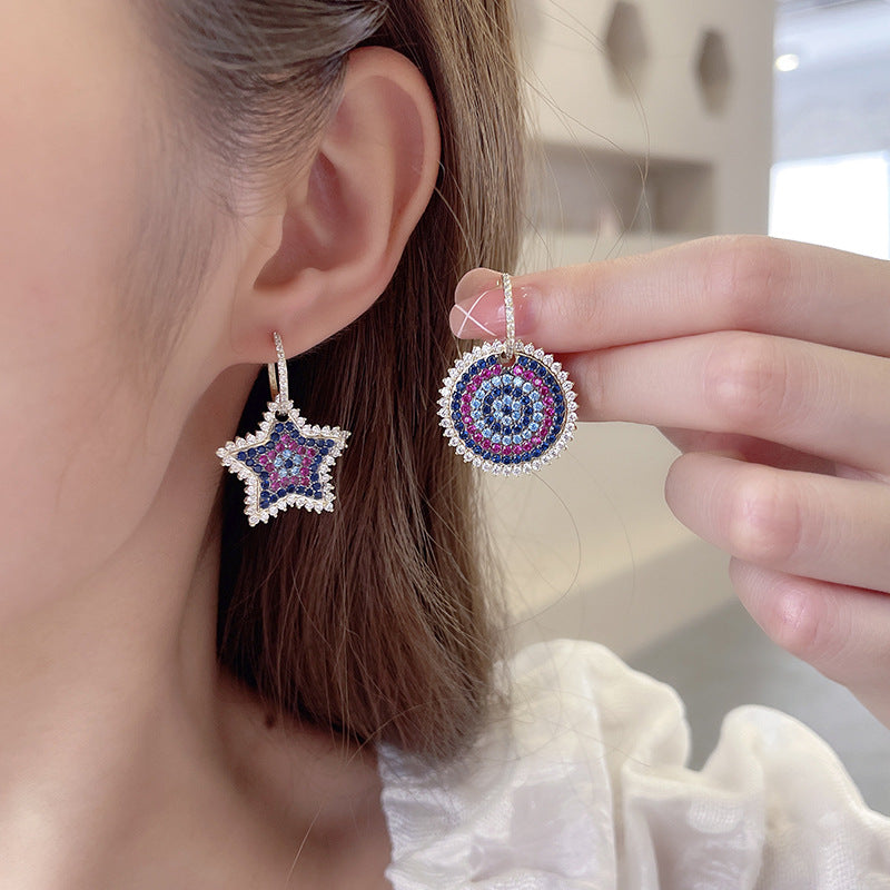 Star Disc Cubic Zirconia Asymmetric Hoop Earrings E7324
