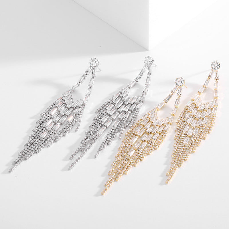 Rhombus Shaped Tassel Cubic Zirconia Earrings E7332