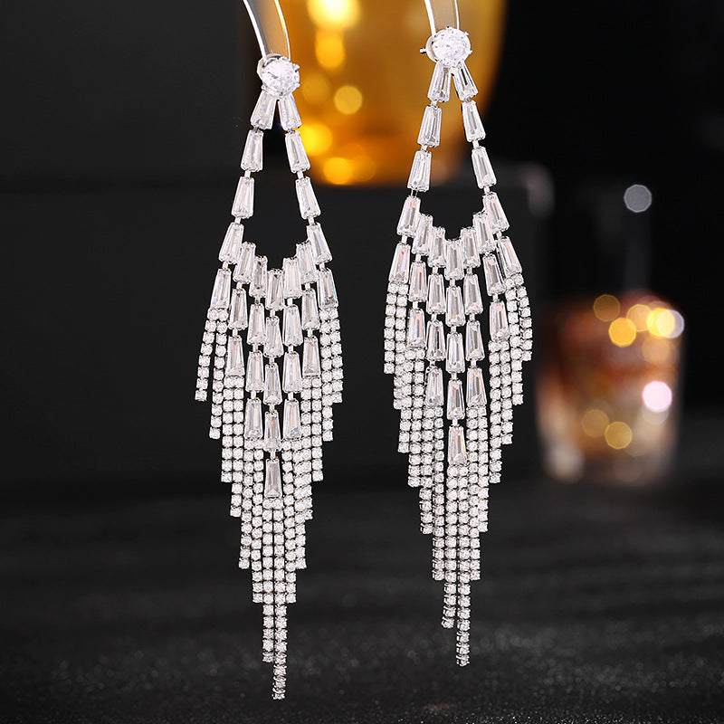 Rhombus Shaped Tassel Cubic Zirconia Earrings E7332