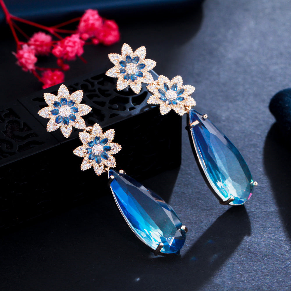 Floral Teardrop Cubic Zirconia Chain Earrings E7468