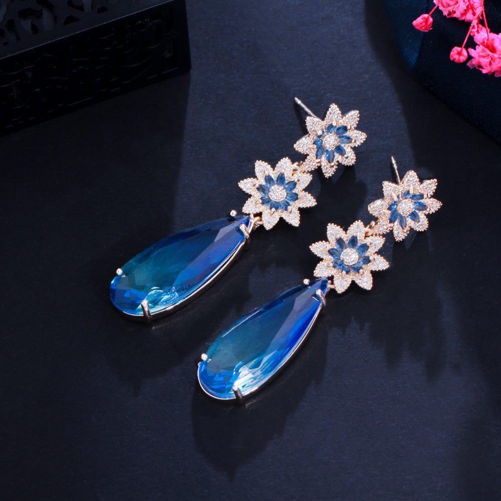 Floral Teardrop Cubic Zirconia Chain Earrings E7468