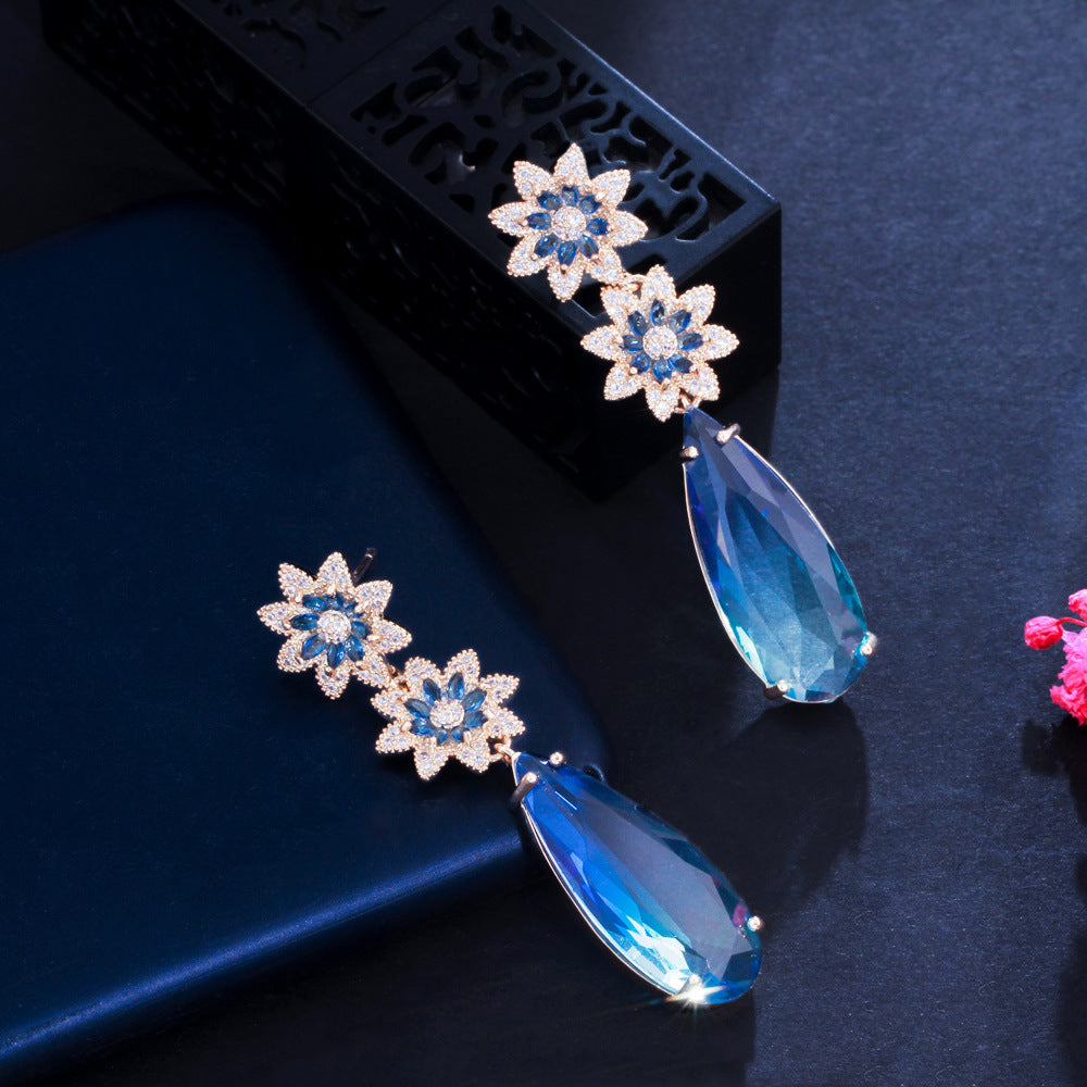 Floral Teardrop Cubic Zirconia Chain Earrings E7468