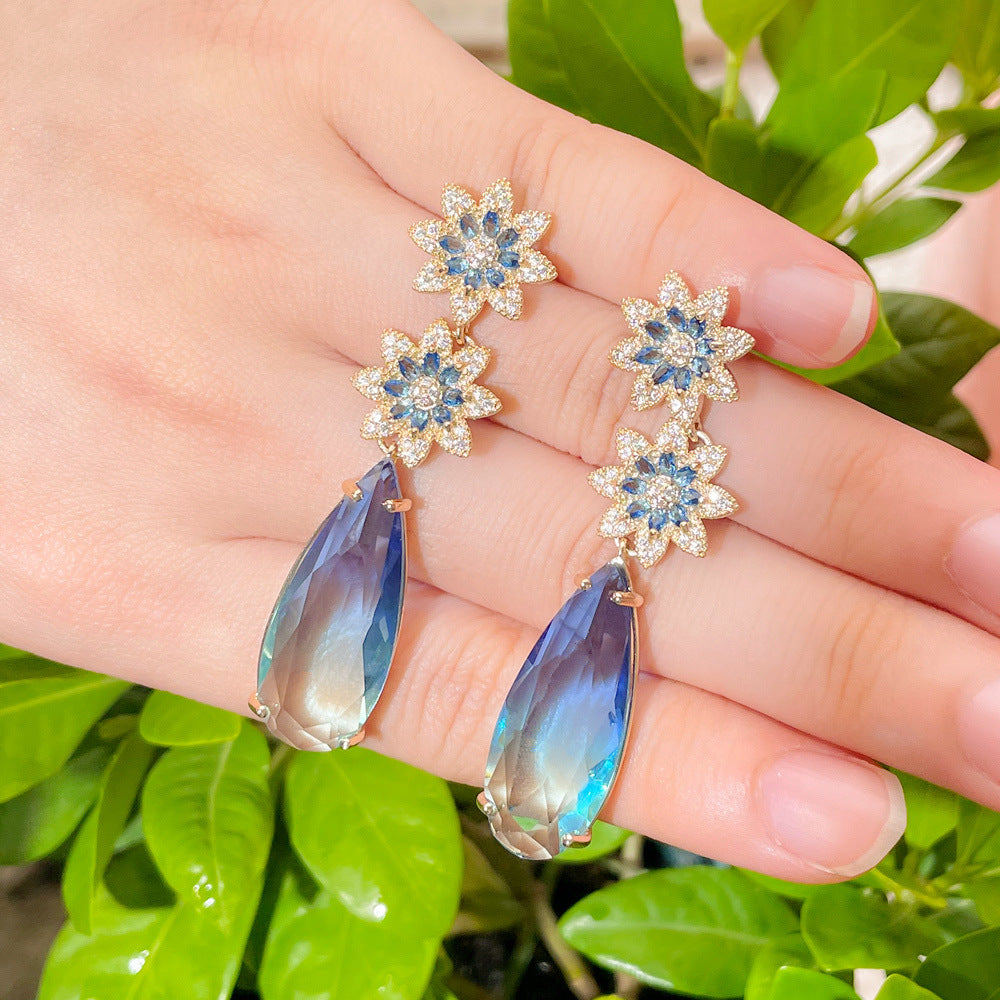 Floral Teardrop Cubic Zirconia Chain Earrings E7468