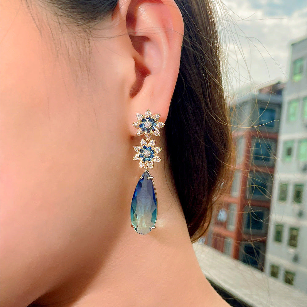 Floral Teardrop Cubic Zirconia Chain Earrings E7468
