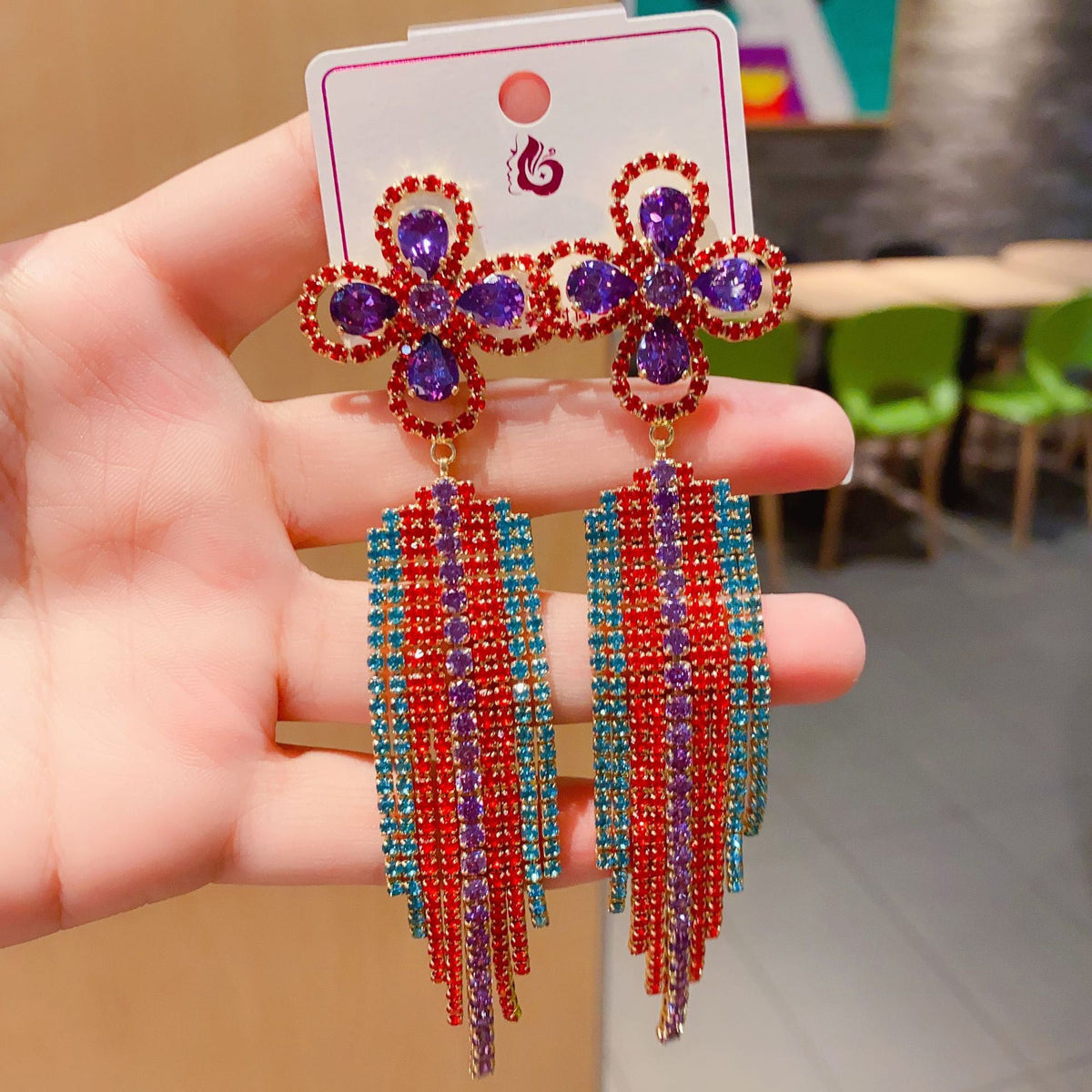 Floral Tassel Cubic Zirconia Earrings E7482