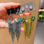 Floral Teardrop Tassel Cubic Zirconia Earrings E7484