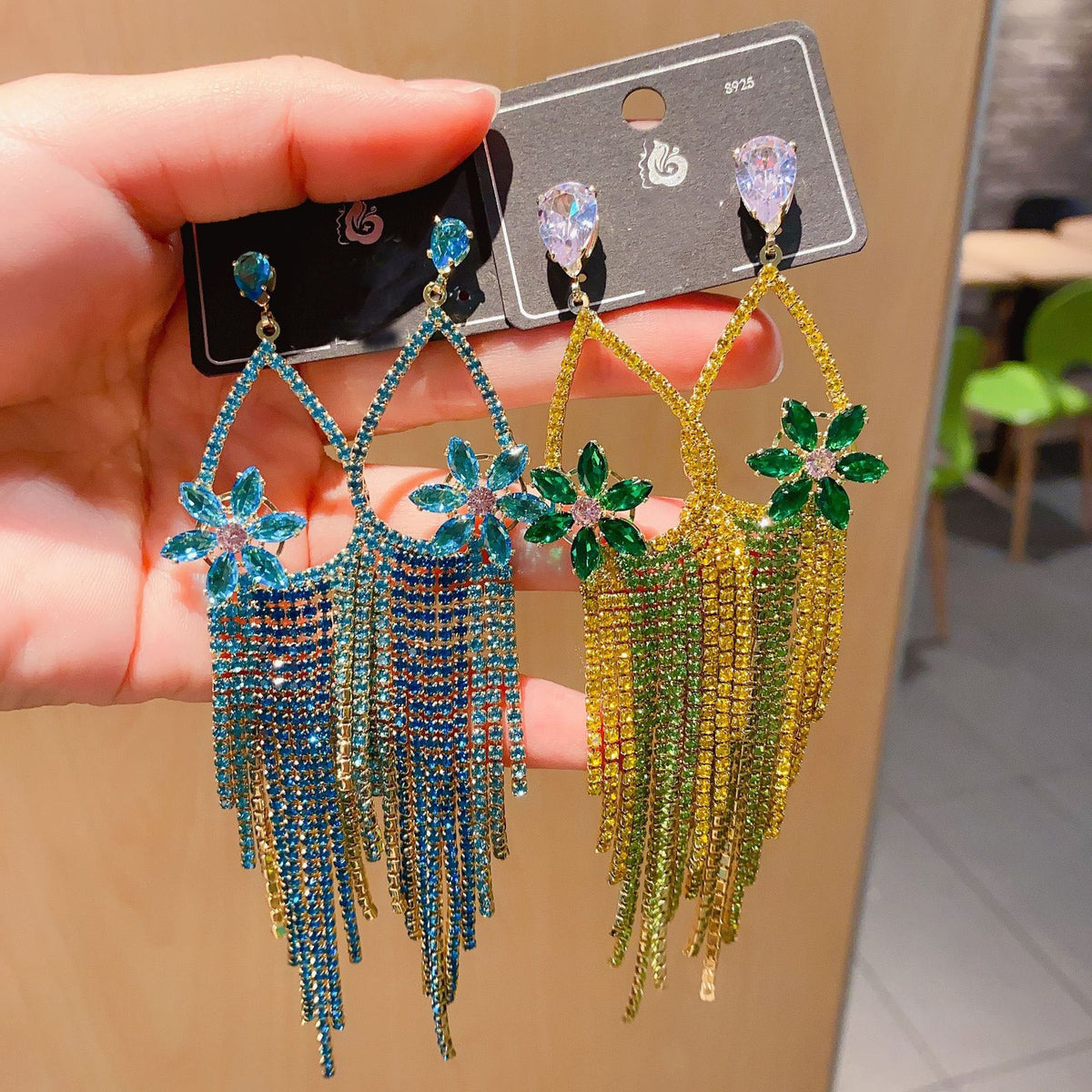 Floral Teardrop Tassel Cubic Zirconia Earrings E7484