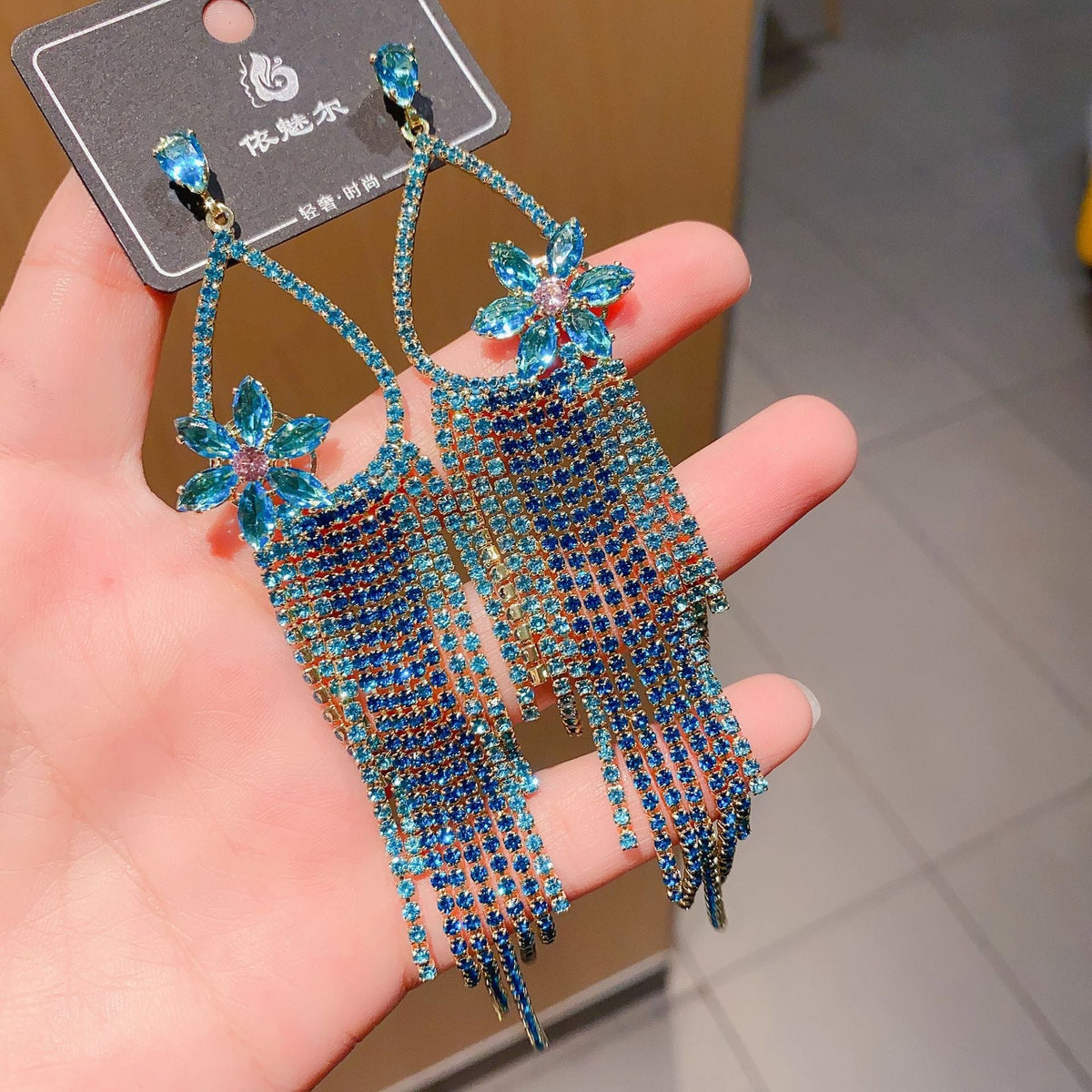 Floral Teardrop Tassel Cubic Zirconia Earrings E7484